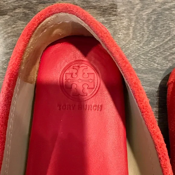 Tory Burch. Red Suede Loafers with dark blue.Gold metal Accent . Authentic - Picture 12 of 12